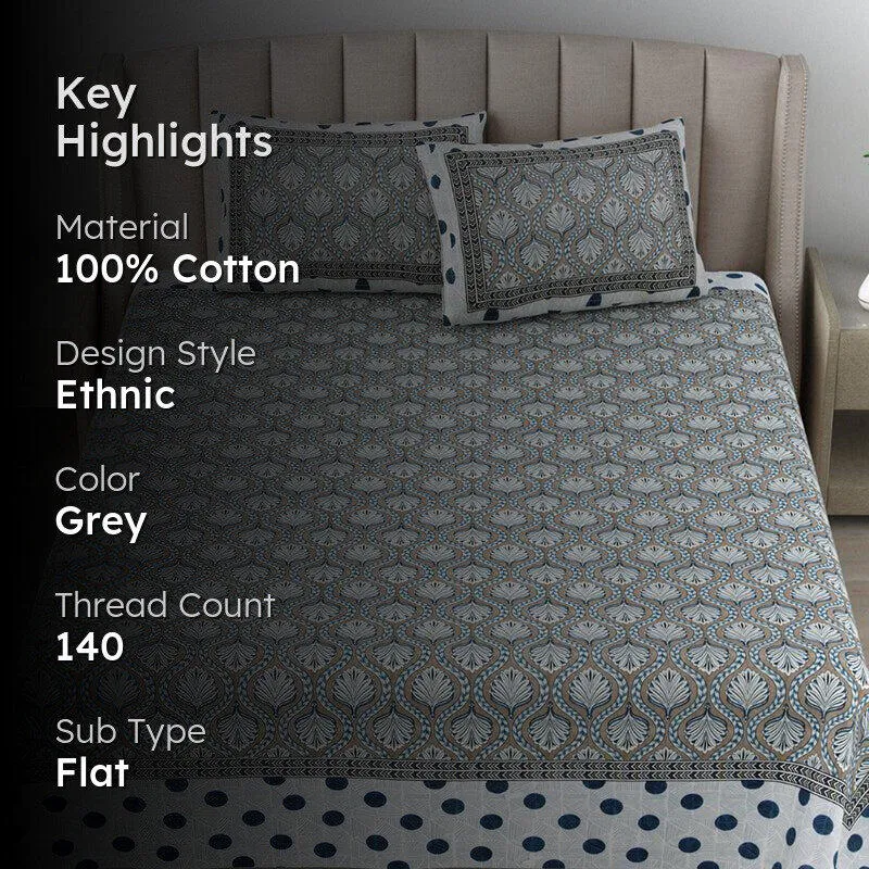Triveni Treasure Ethnic Cotton Bedsheet (Grey) - 140 TC media 2