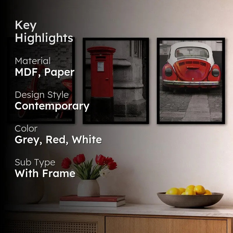 Crimson City Paper Wall Painting With MDF Frame (Black) - Set Of Three media 2
