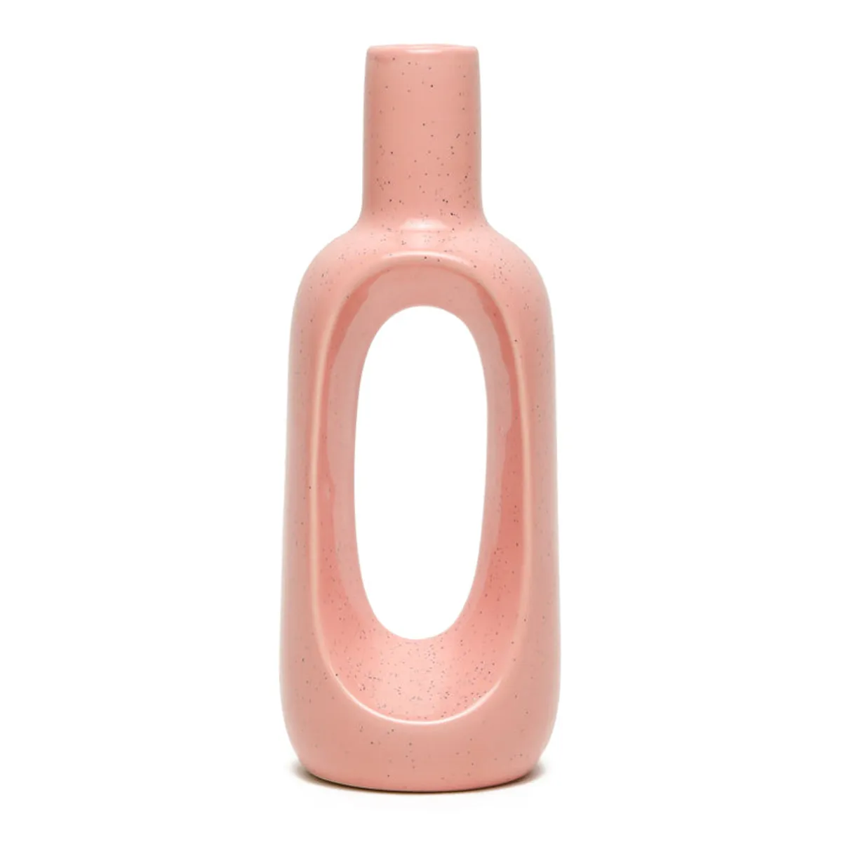 Front view of a pink speckled ceramic donut vase