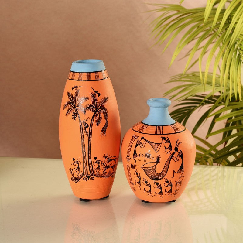 Terrava Artistic Orange & Blue Ceramic Vase - Set Of Two
