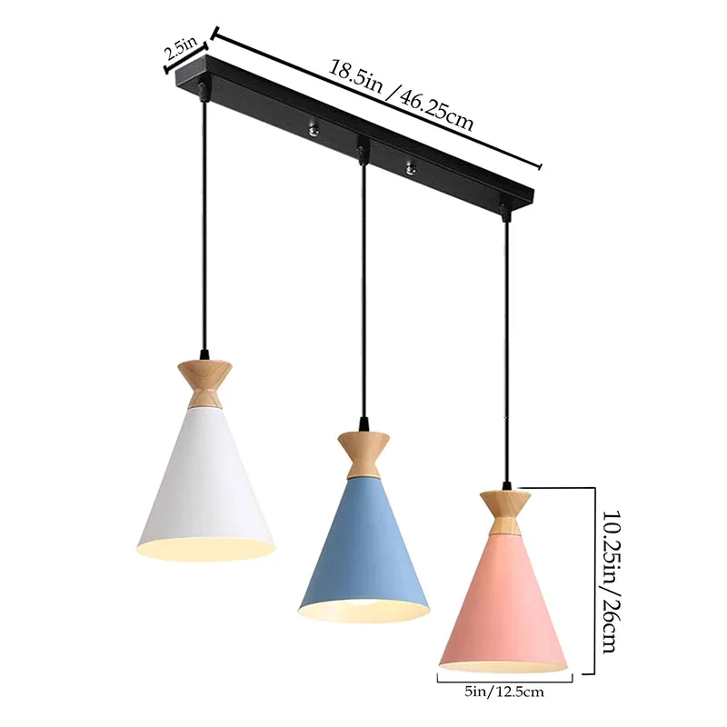 Three-light ceiling lamp shown on a white background with dimension lines.