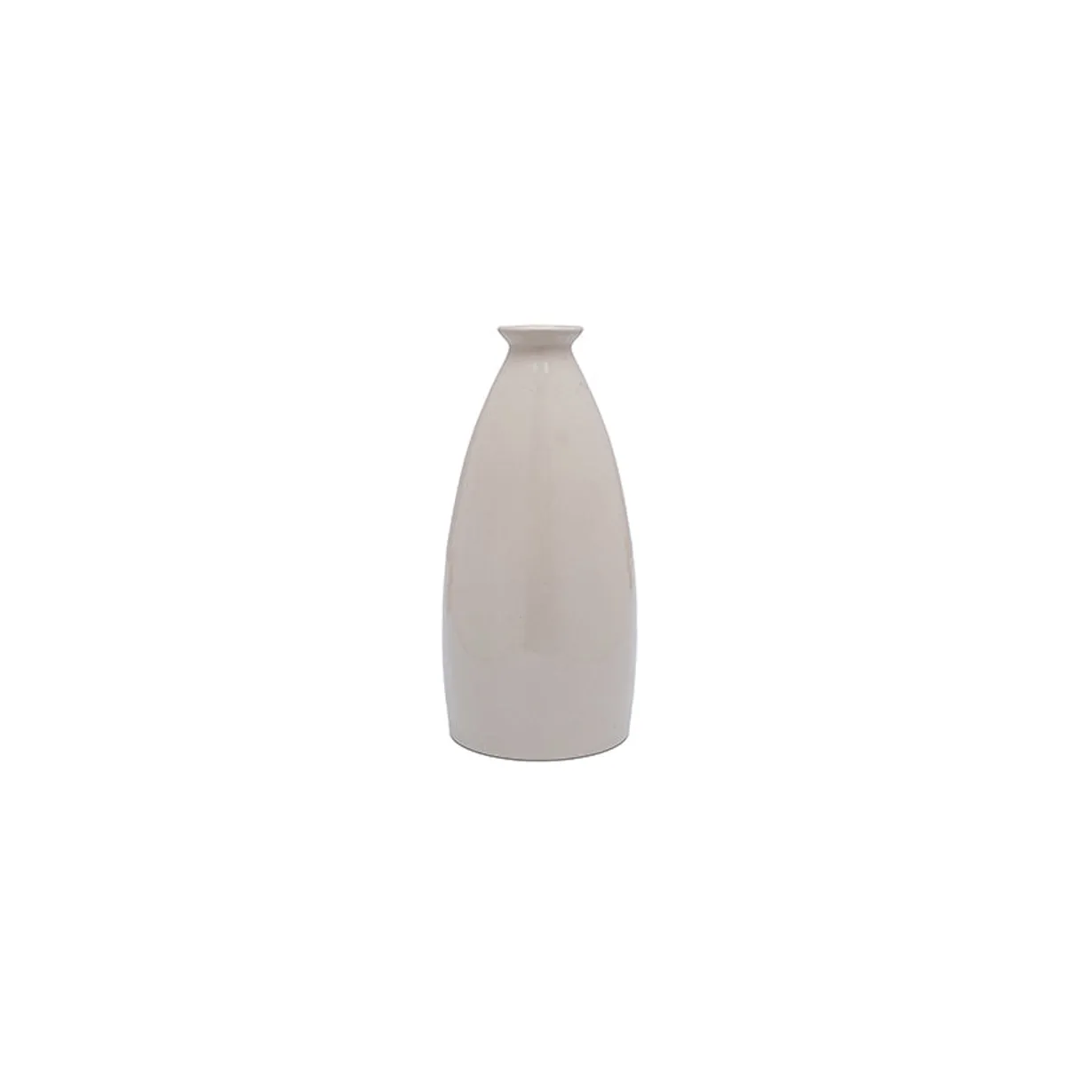 White ceramic vase shown upright, with a rounded body and slim flared opening