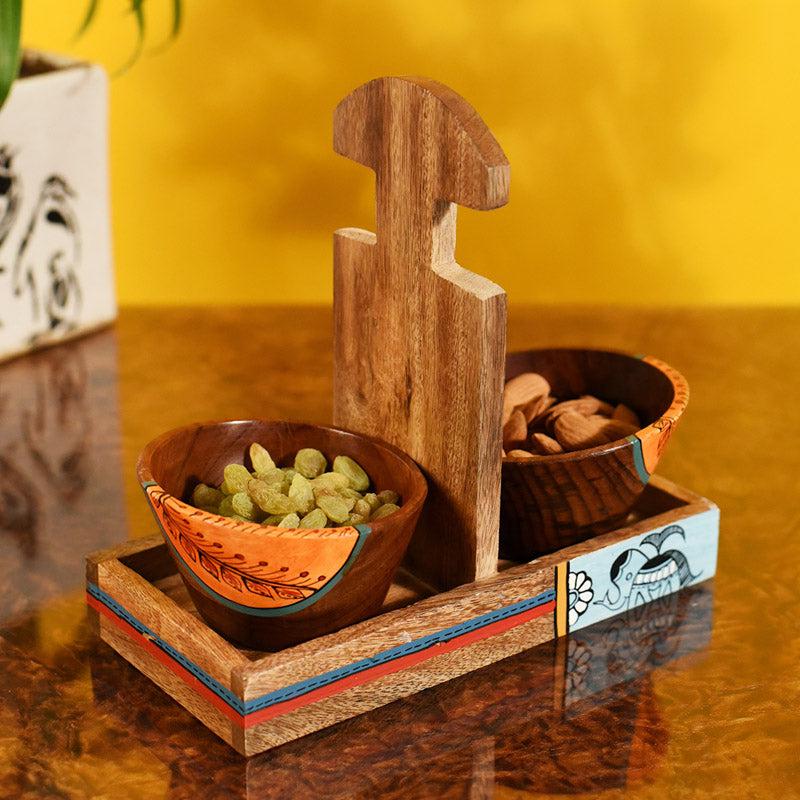 Devika Wooden Serving Bowl With Holder - Three Piece Set