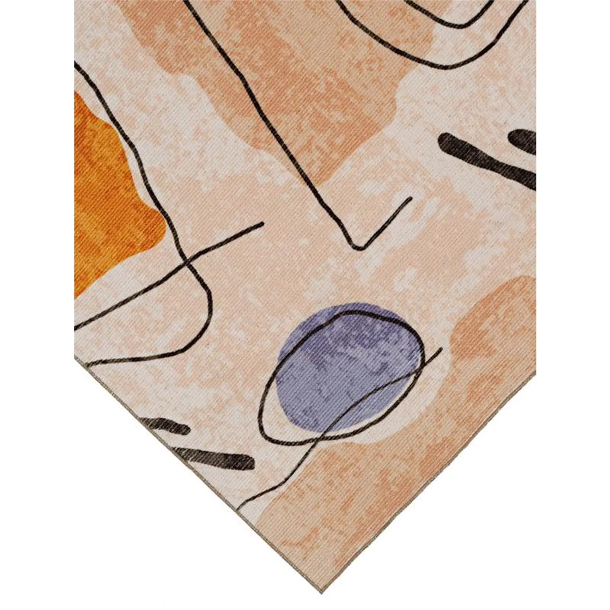 Close-up of beige carpet with orange, purple and black abstract linework