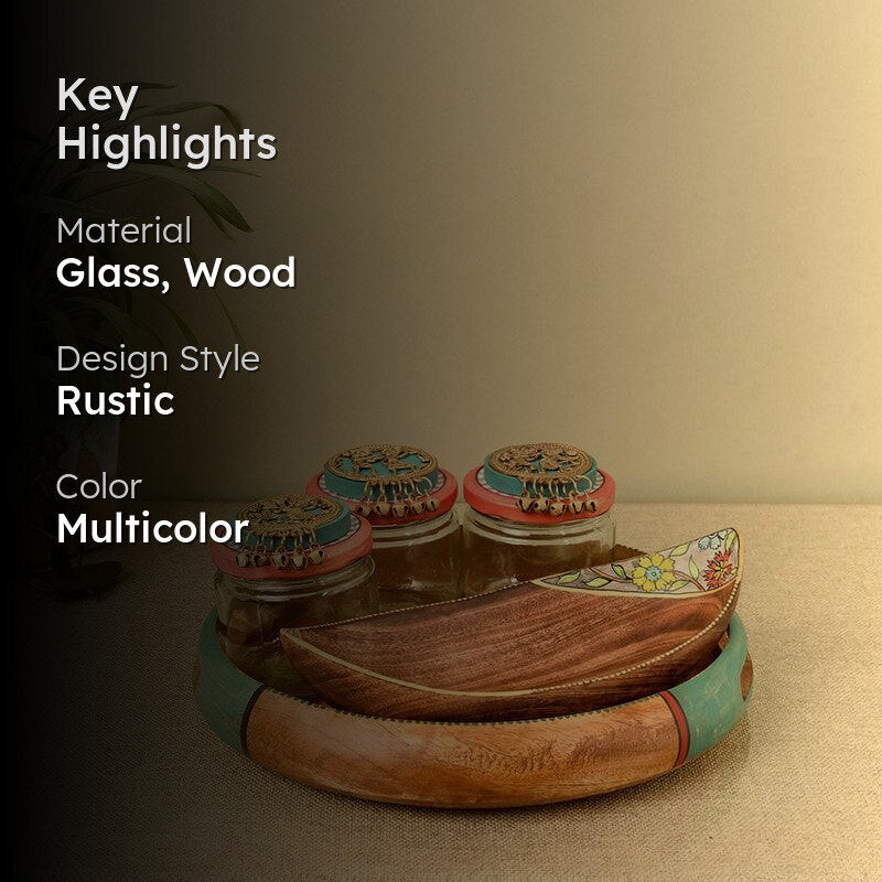 Pavana Glass Jar Set With Wooden Tray - Five Piece Set media 2