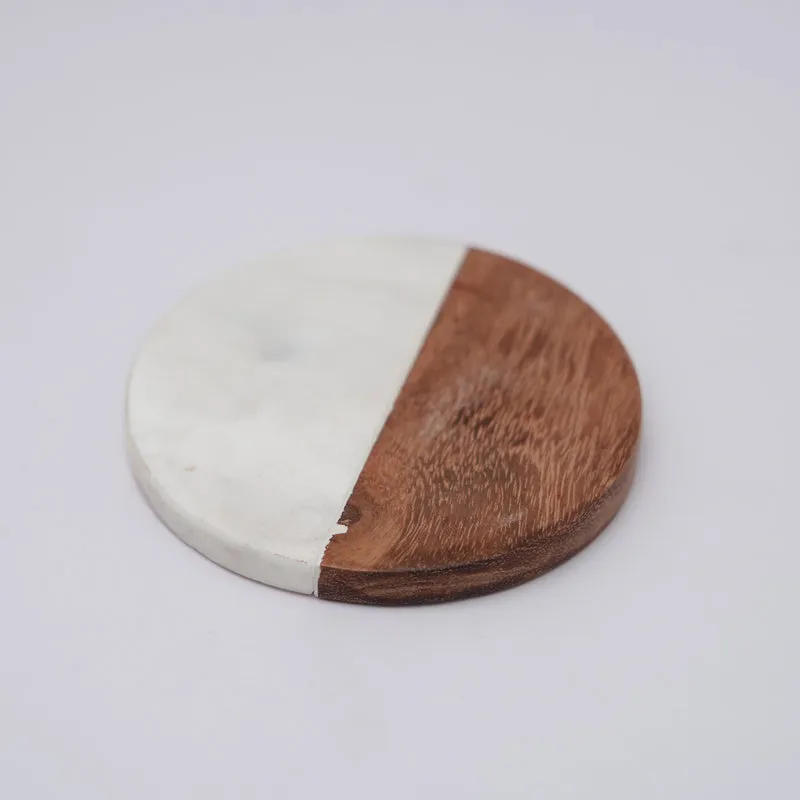 Losa Handmade Round Marble And Wooden Coaster - Set Of Two media 3