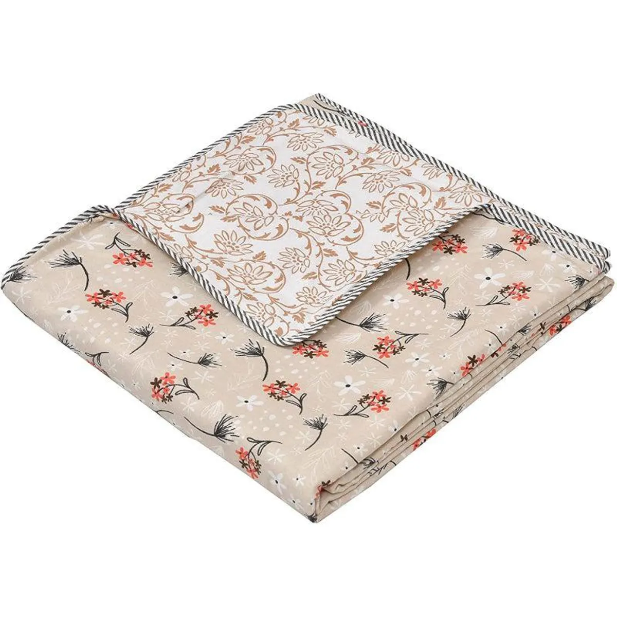 Beige floral reversible dohar folded to show its two printed sides