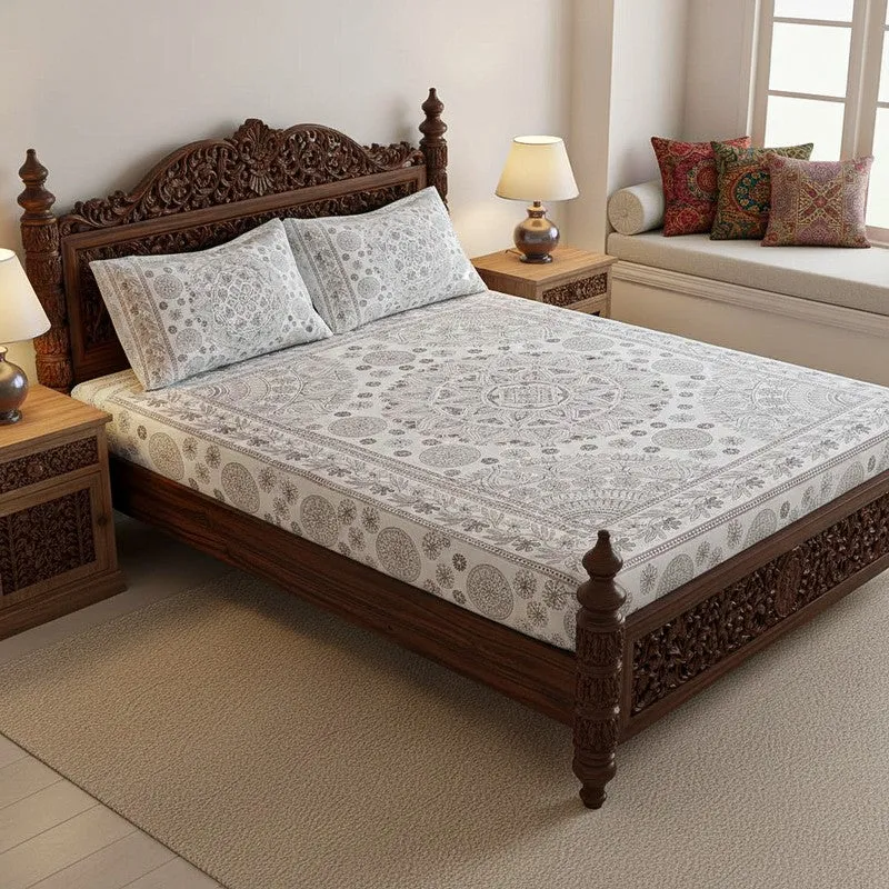 Kavya Mandala Ethnic Cotton Bedsheet (Grey,White) - 160 TC media 1