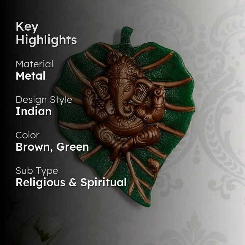 Ganesha On Green Leaf Religious Metal Wall Accent media 2