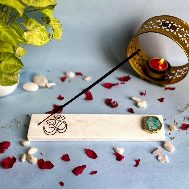 Om Marble Incense Holder With Agate Plating - Green media 1