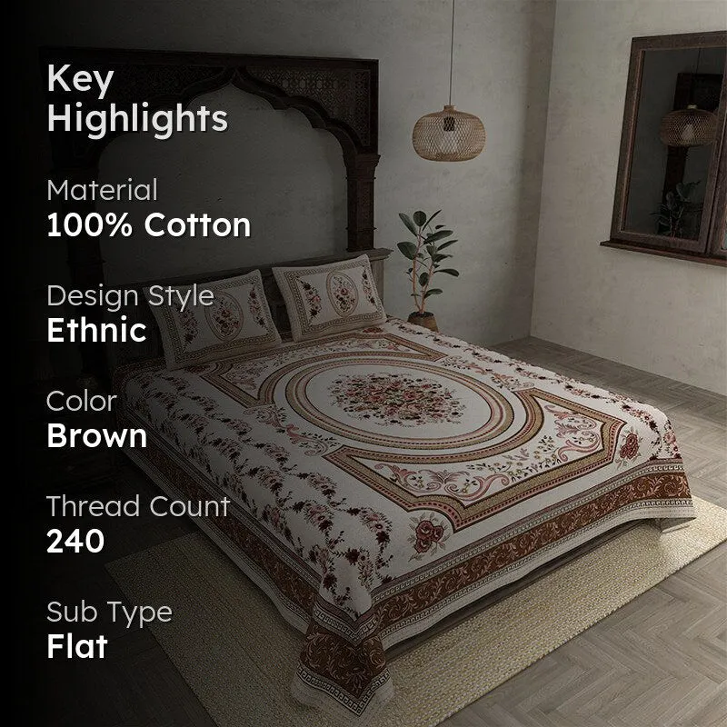 Pusthi Ethnic Cotton Bedsheet (Brown) - 240 TC media 2