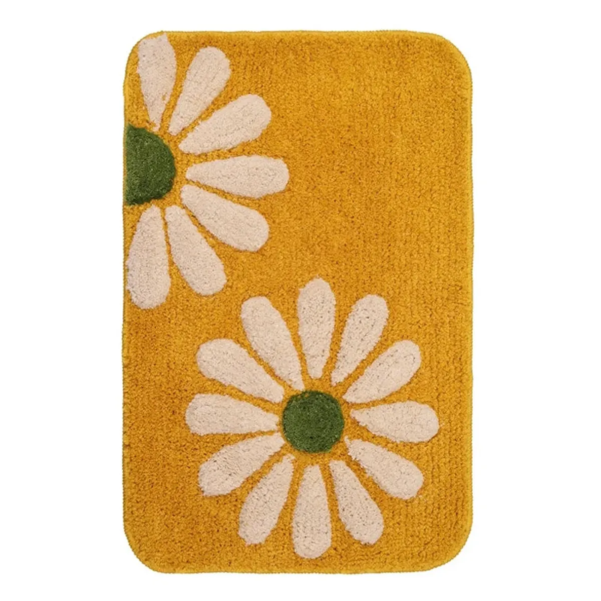 Top view of the rectangular yellow bathmat with two cream and green daisy motifs
