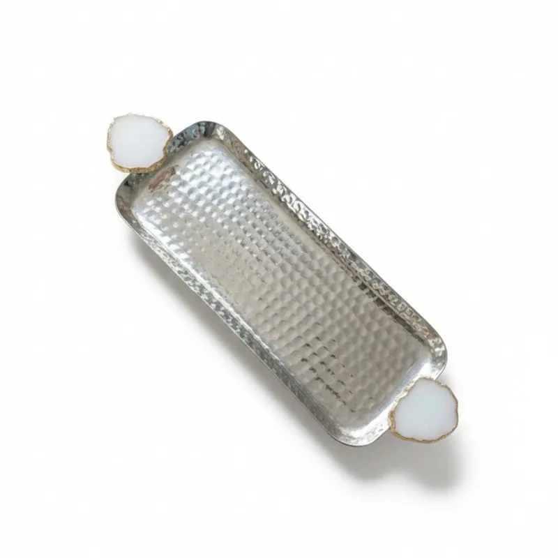 Aurora Edge Hammered (Metal,Agate) Rectangle Platter - Gold & White media 4