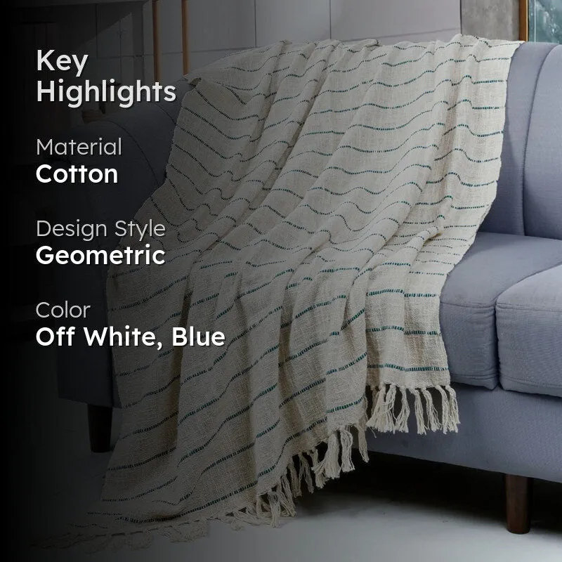 Cocoa Stitch Striped Throw - Off White & Blue media 2