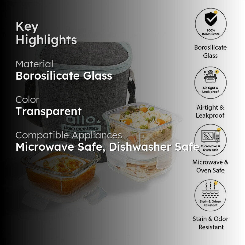 Oliva Square Glass Lunch Box With Grey Lunch Bag (320 ML) - Four Piece Set media 2
