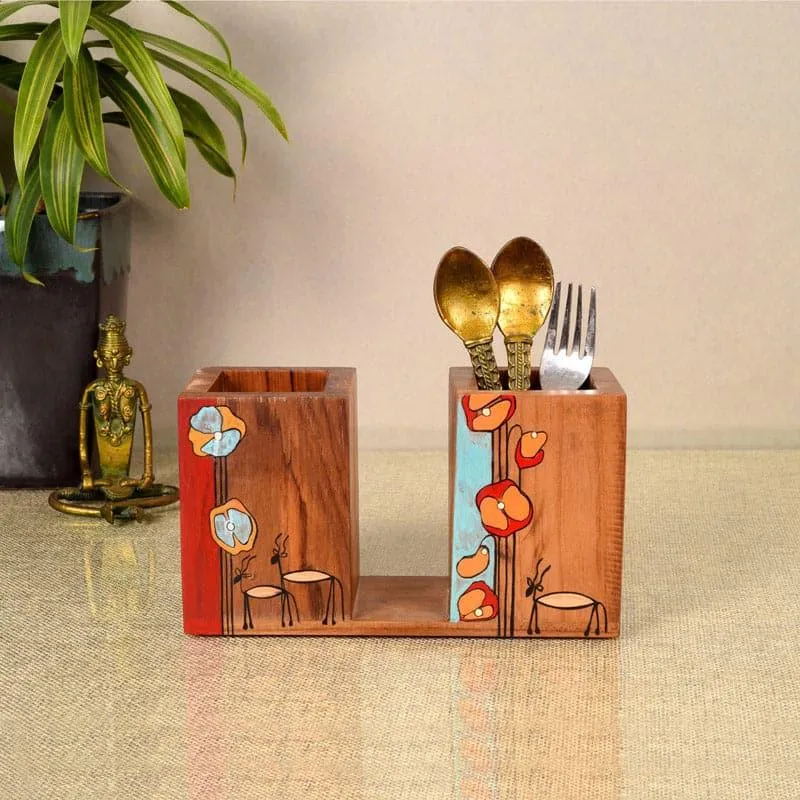 Floral Bloom Wooden Cutlery Holder media 1