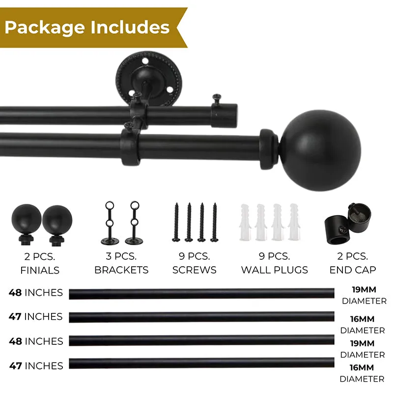 Orbette Duo Extendable 1" Double Curtain Rod With Round Finial & Brackets media 5