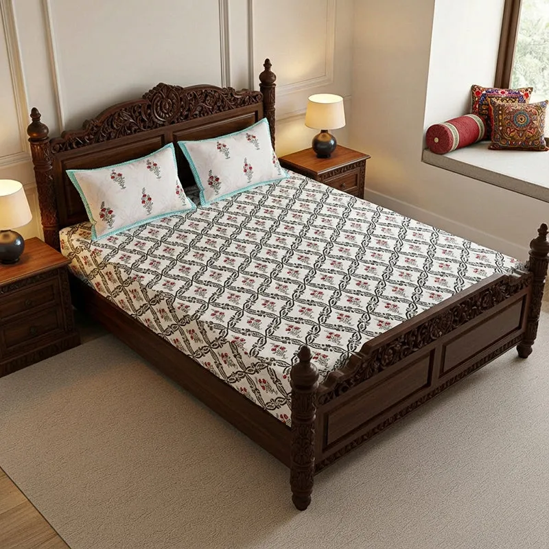 Nawabi Cotton Bedsheet (Teal, Red) - 180 TC media 1