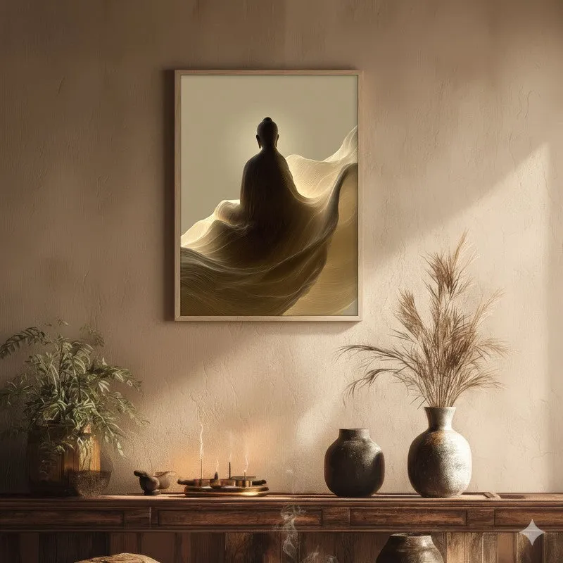 Silhouette on the Mist Buddha Archival Paper Wall Painting With Brown Frame media 1
