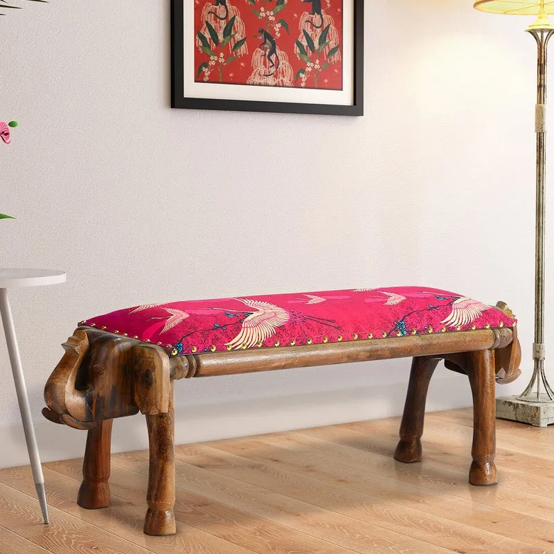 India Circus Acacia Wood Cranes Animal Wooden Bench media 1
