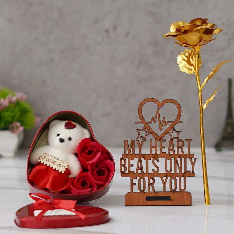 Three-piece romantic gift set with red heart box, wooden plaque and gold rose
