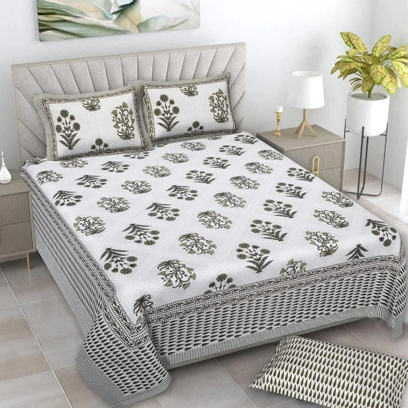 Brynn Floral Cotton Bedsheet (Olive Green) - 160 TC media 1