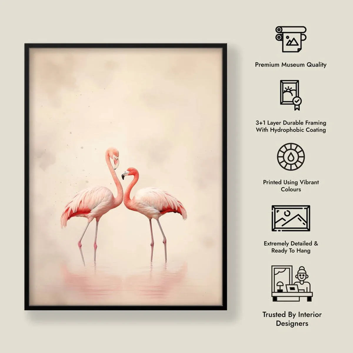 Framed flamingo wall art with feature icons shown beside it