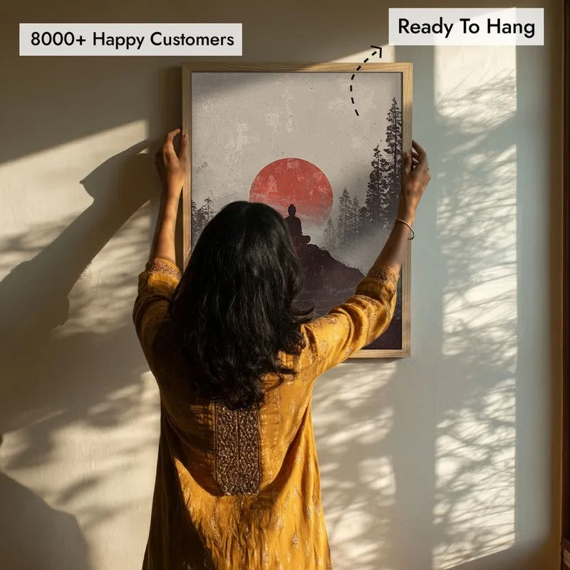 Crimson Sun III Over Silent Peaks Wall Painting With Brown Frame media 6