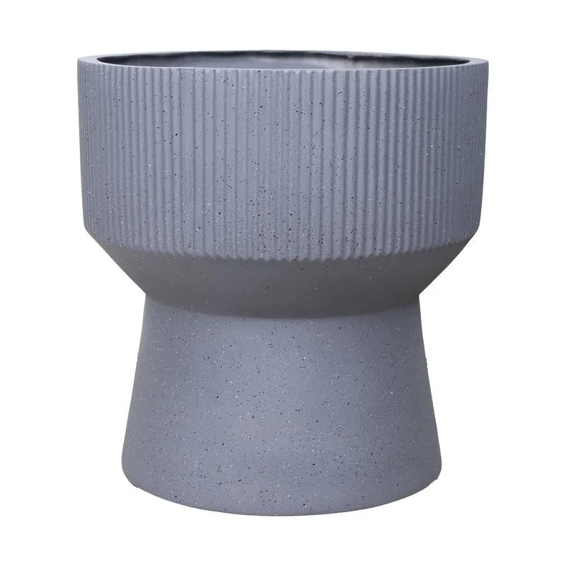 Grey planter showing its ribbed upper section and speckled surface