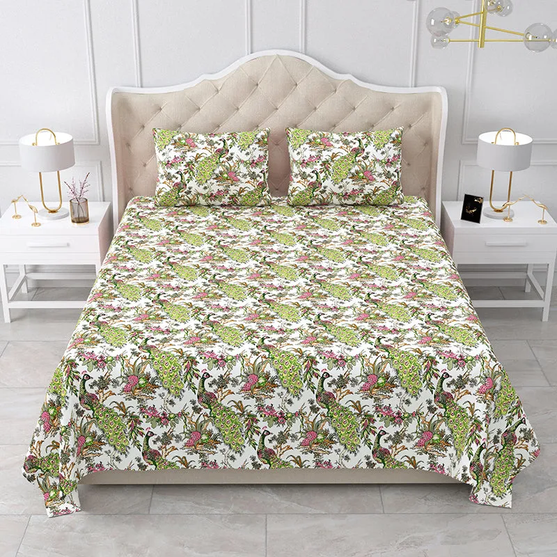 Vibrant Mor Floral Cotton Bedsheet (Green & Pink) - 160 TC media 1