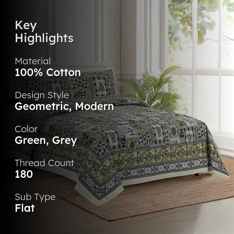 Tvisha Tribal Applique Print Cotton Bedsheet (Green,Grey) - 180 TC media 2