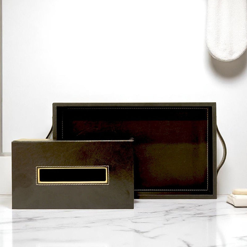 Aveline II Faux Leather Tray With Tissue Holder - Two Piece Set