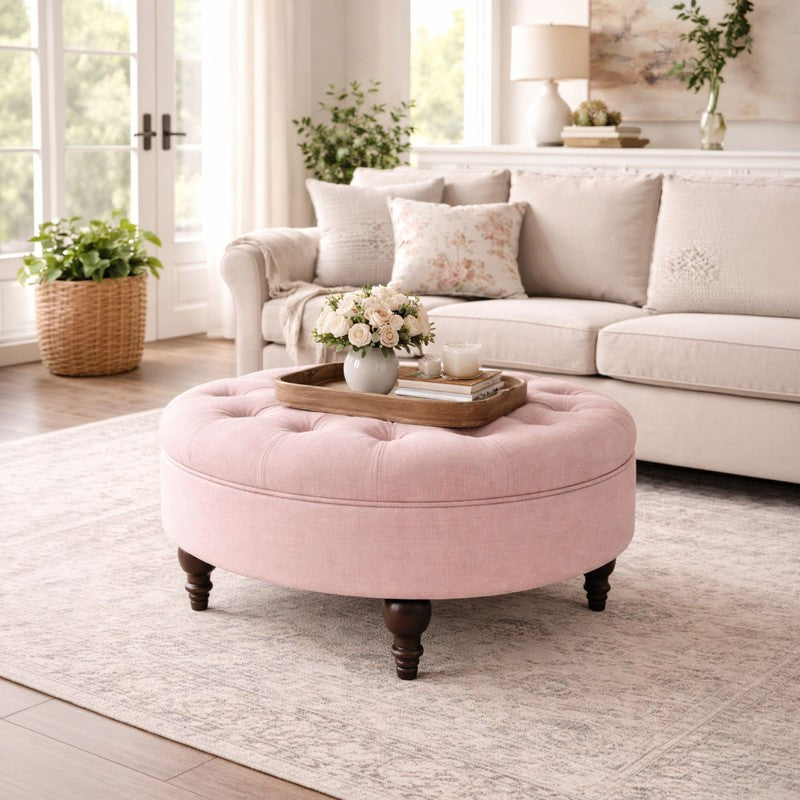 PetalCove Teak Wood Ottomans & Pouffe -Pink