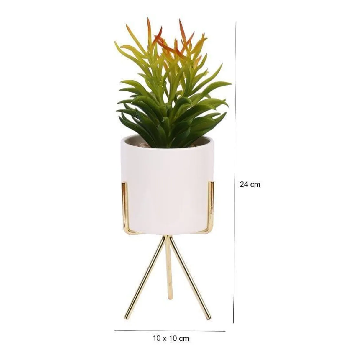 Faux green Euphorbia with orange tips in a white pot on a gold tripod stand