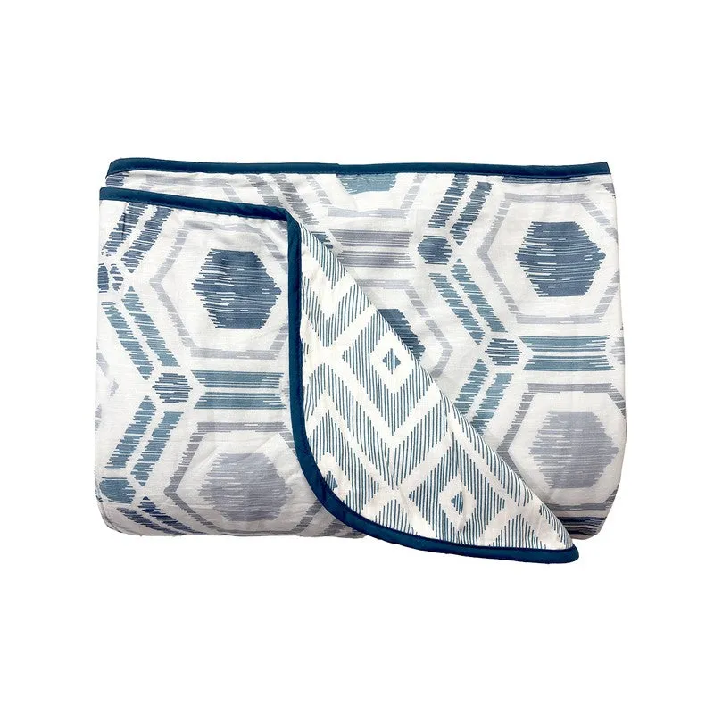 Folded blue and off-white geometric cotton dohar with contrast edging