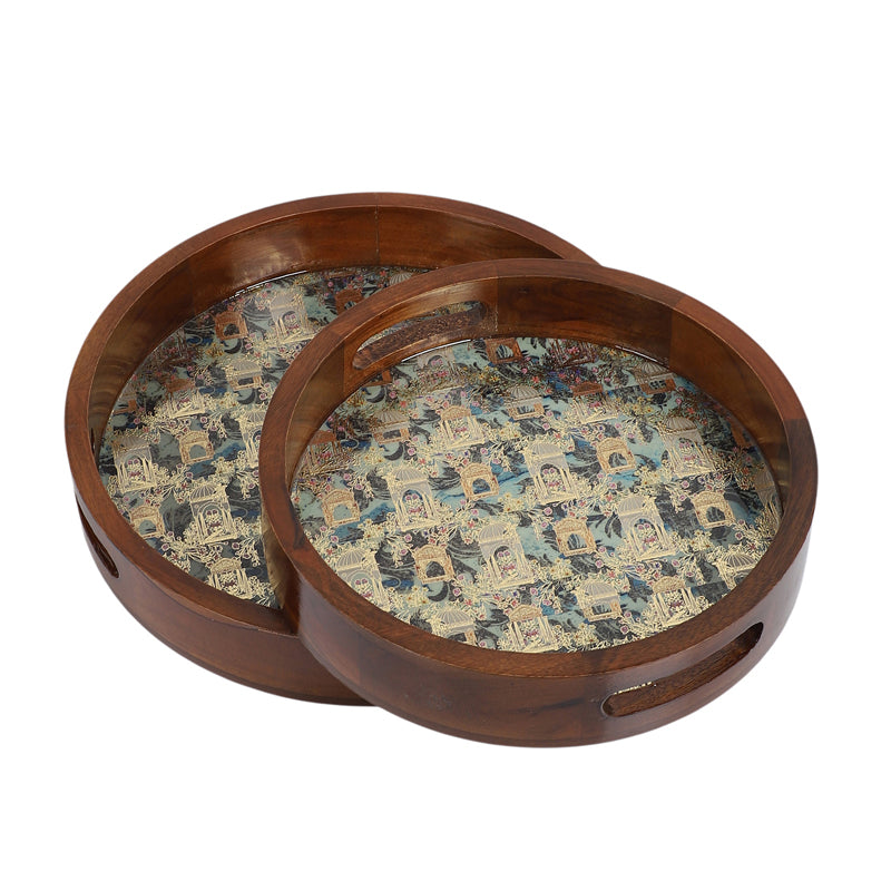 Jharokha Charm Round Wooden Serving Tray - Set of Two media 3