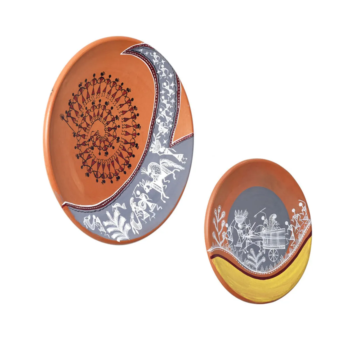 Pair of oval terracotta wall accents with hand-painted tribal scenes