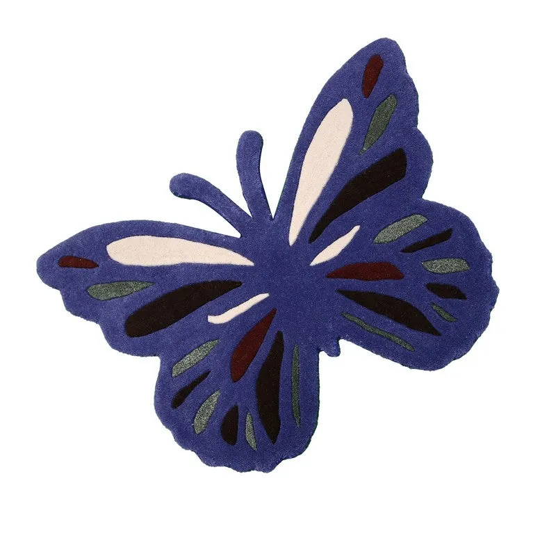 Blue butterfly carpet shown from an angled view with colourful wing inlays