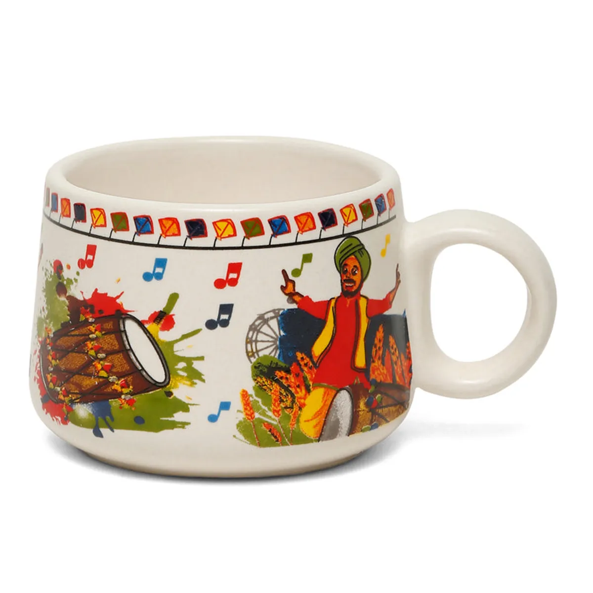 Close-up of a cream tea cup with colourful Indian dancers, instruments and music notes