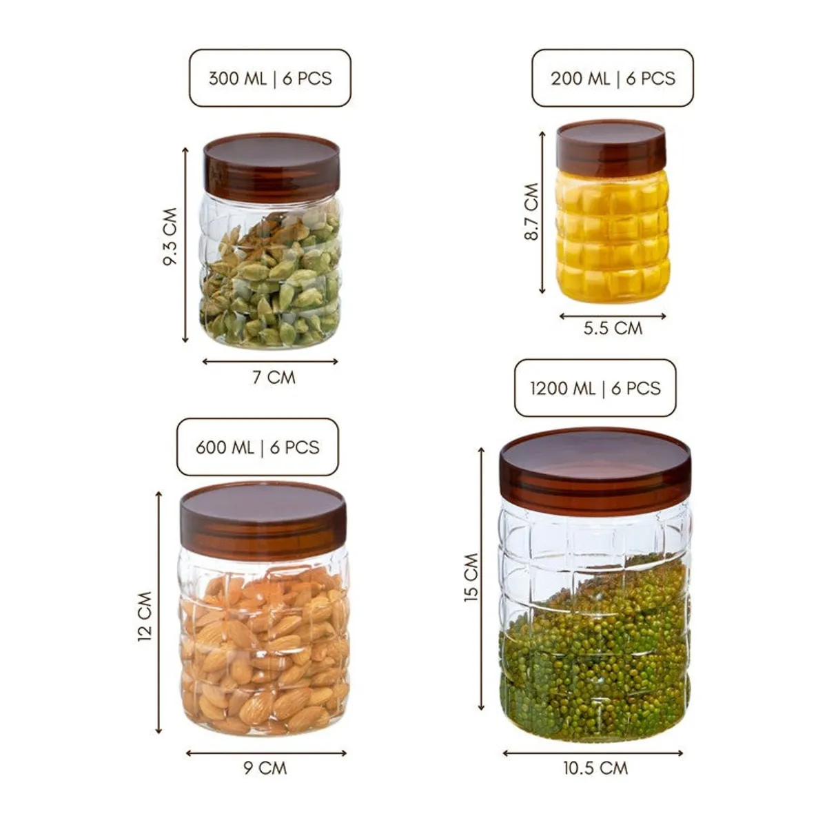 Four transparent brown-lidded containers shown in different sizes with stored pantry foods.