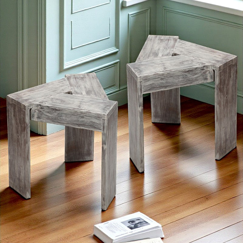 Lverox Sheesham Wooden Side & Bedside Table (Grey) - Set Of Two