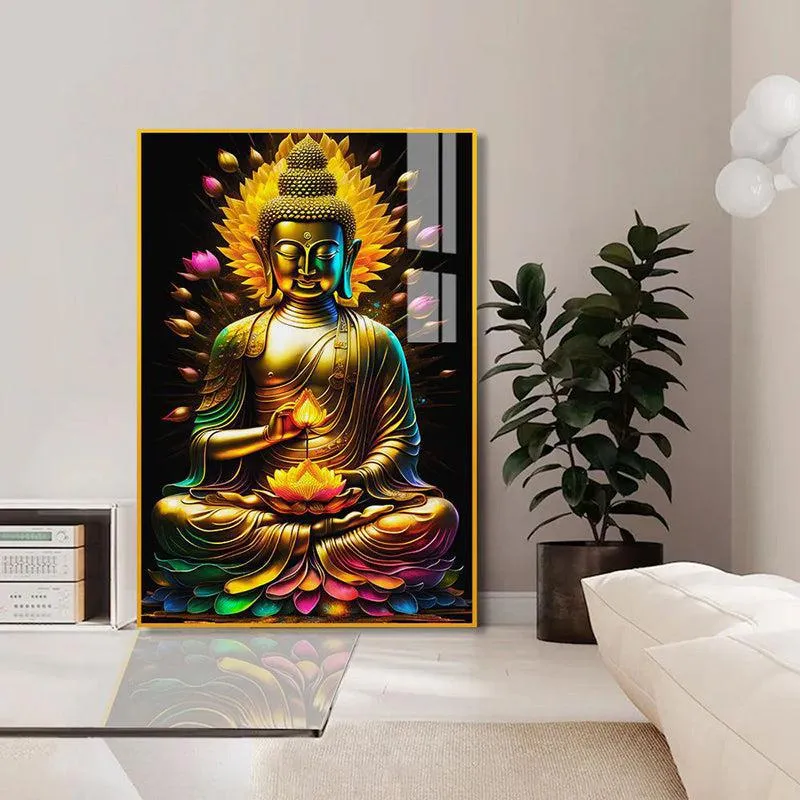 Gilded Lotus Buddha Spiritual Canvas Wall Art With Frame - Gold media 1