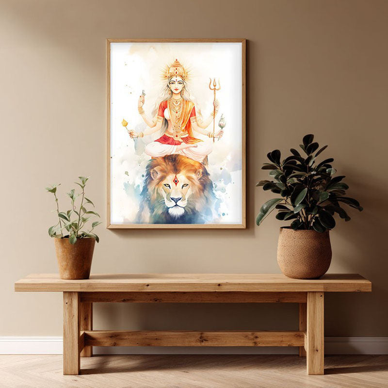 Mahishasura Mardhini Spiritual Archival Paper Wall Painting - Natural Brown Frame
