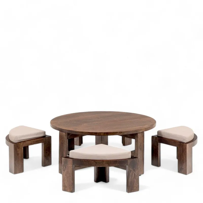 Kervon Sheesham Wooden Center Table with Stools and Cushions (Brown) - Nine Piece Set media 5