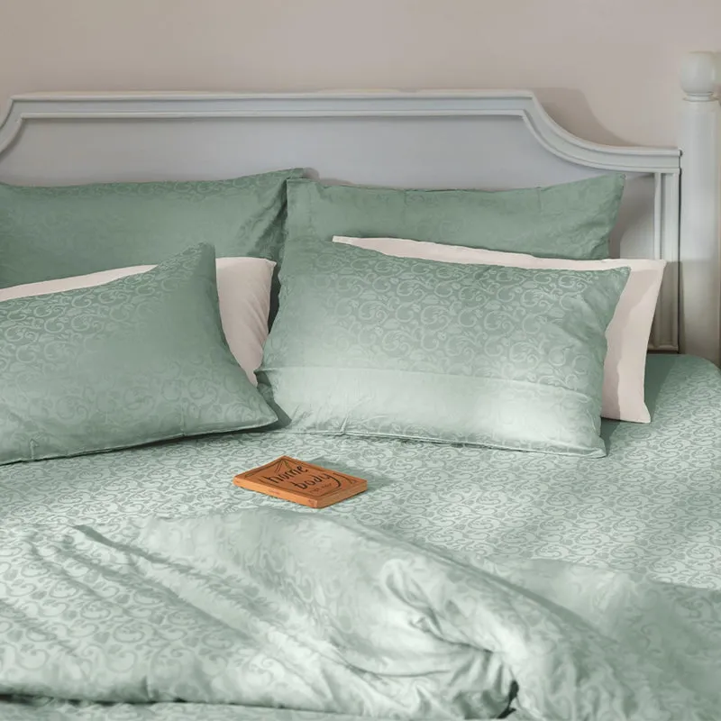 Coral Bloom Fitted Jacquard Cotton Bedsheet (Sage Green) - 300 TC media 7