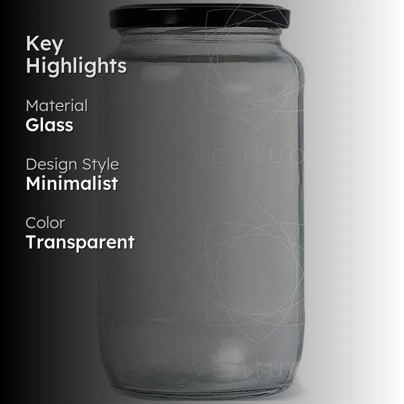 Transparent glass storage jar with black lid shown against a dark background