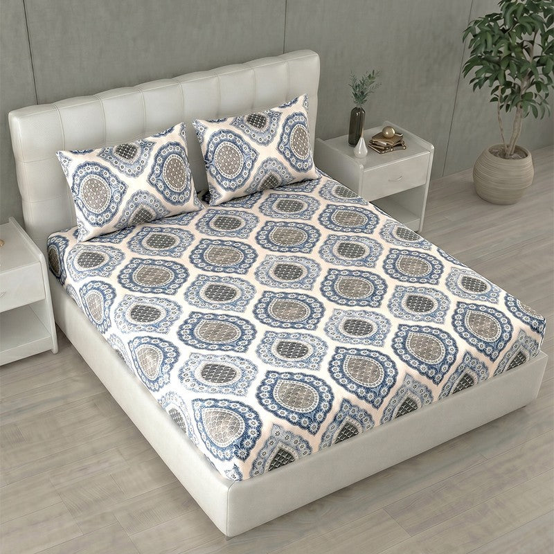 Weavra Printed Pure Cotton Bedsheet (White,Blue) - 144 TC - King