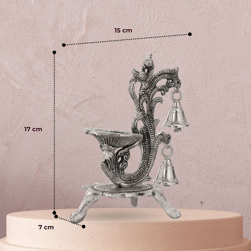 Chandrika Metal Diya with Bells - Silver Finish media 8