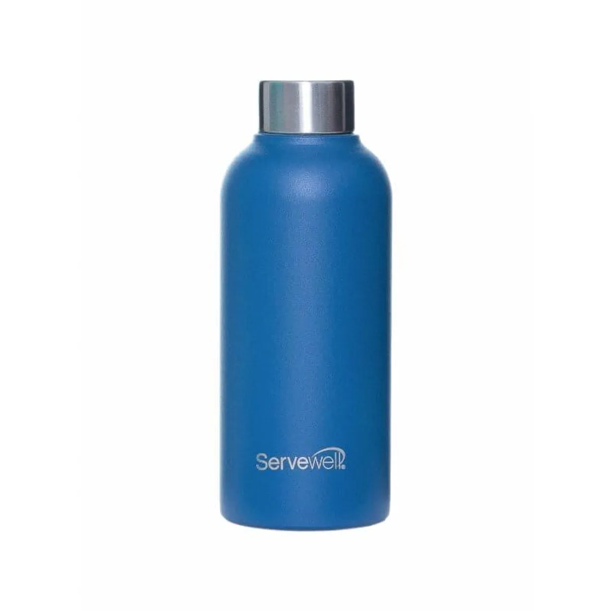 Blue stainless steel bottle with silver cap displayed against a white background.