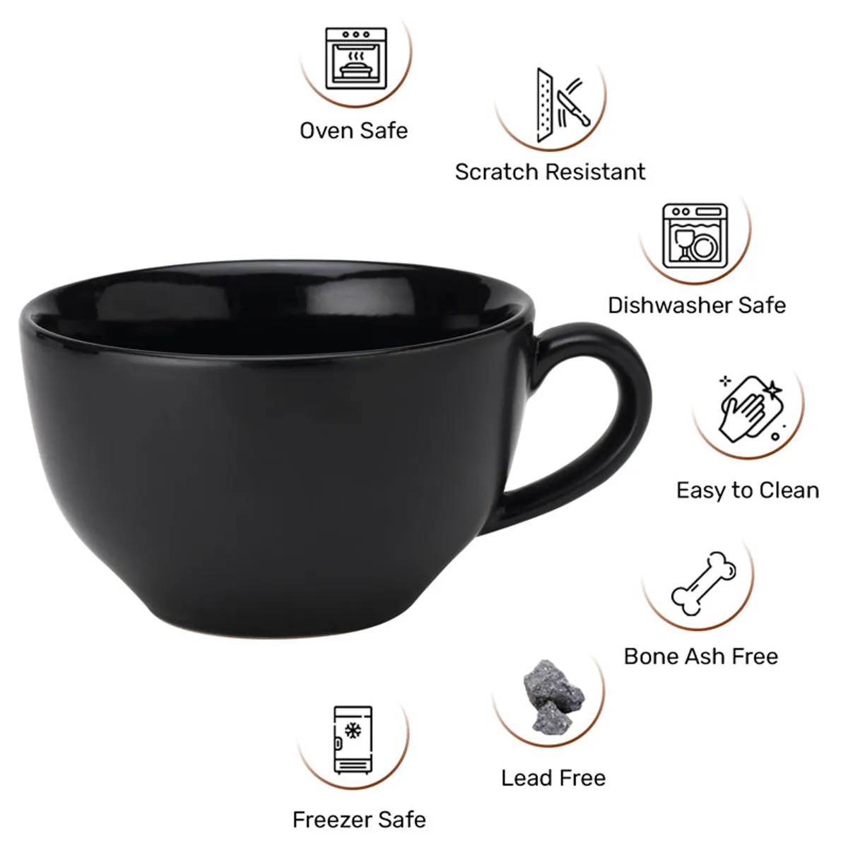 Black ceramic mug shown with care and safety icons